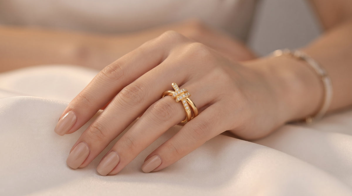 Gold-Plated Crystal Knot Ring – Adjustable Love Knot Statement Band