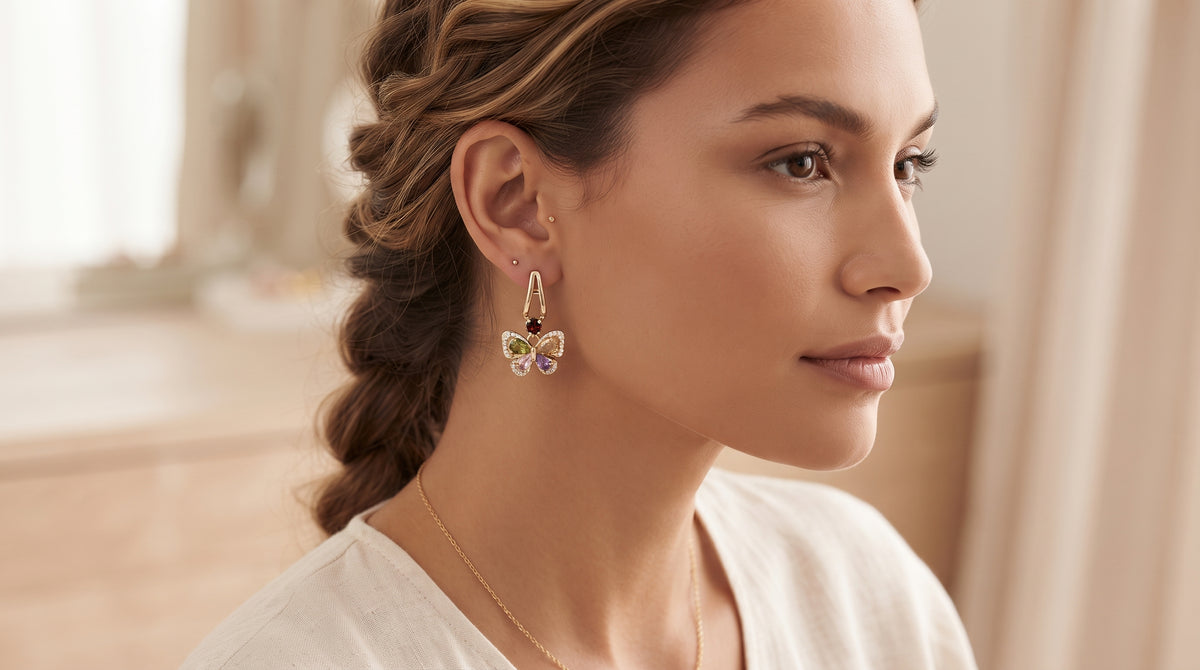 Multi-Color Zircon Crystal Butterfly Dangle Earrings – 18K Gold Plated Whimsical Jewellery