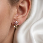 Dainty Pink Zircon Flower Stem Stud Earrings – 18K Gold Plated Botanical Ear Jewellery
