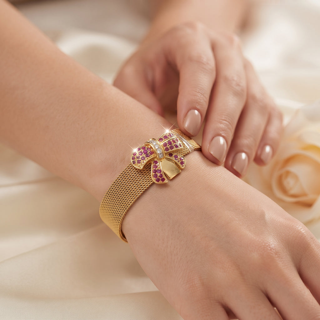 Ruby Zircon Bow Mesh Cuff Bracelet – 18K Gold Plated Statement Wristwear for Women