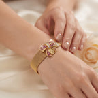 Ruby Zircon Bow Mesh Cuff Bracelet – 18K Gold Plated Statement Wristwear for Women