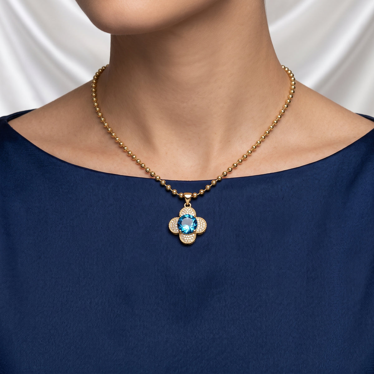 Blue Crystal Four-Leaf Clover Ball Chain Necklace – 18K Gold Plated Gemstone