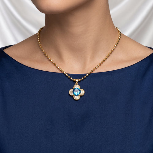 Blue Crystal Four-Leaf Clover Ball Chain Necklace – 18K Gold Plated Gemstone