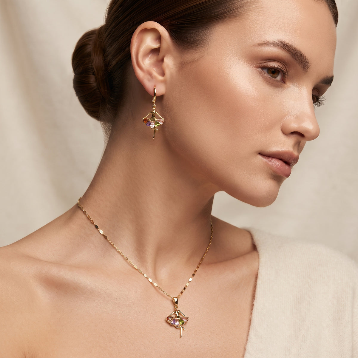 Gold-Plated Multi-Color Zircon Ballerina Pendant Necklace and Earring Set
