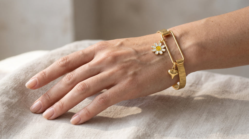 Gold-Plated Enamel Smiley Flower and Heart Charm Bangle Bracelet