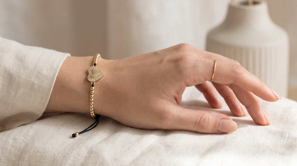 Luxury Beaded Pavé Zircon Heart Adjustable Bracelet – 18K Gold Plated Bead Chain Bracelet