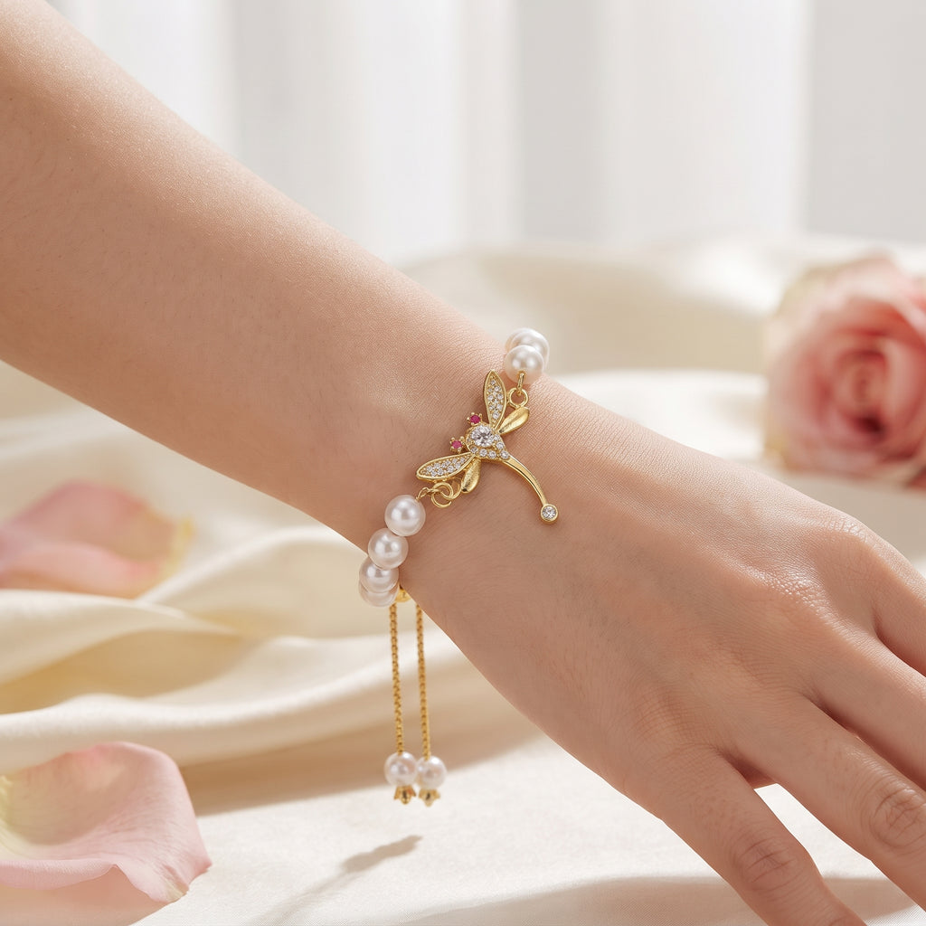 Gold-Plated White Pearl and Zircon Dragonfly Adjustable Slider Bracelet