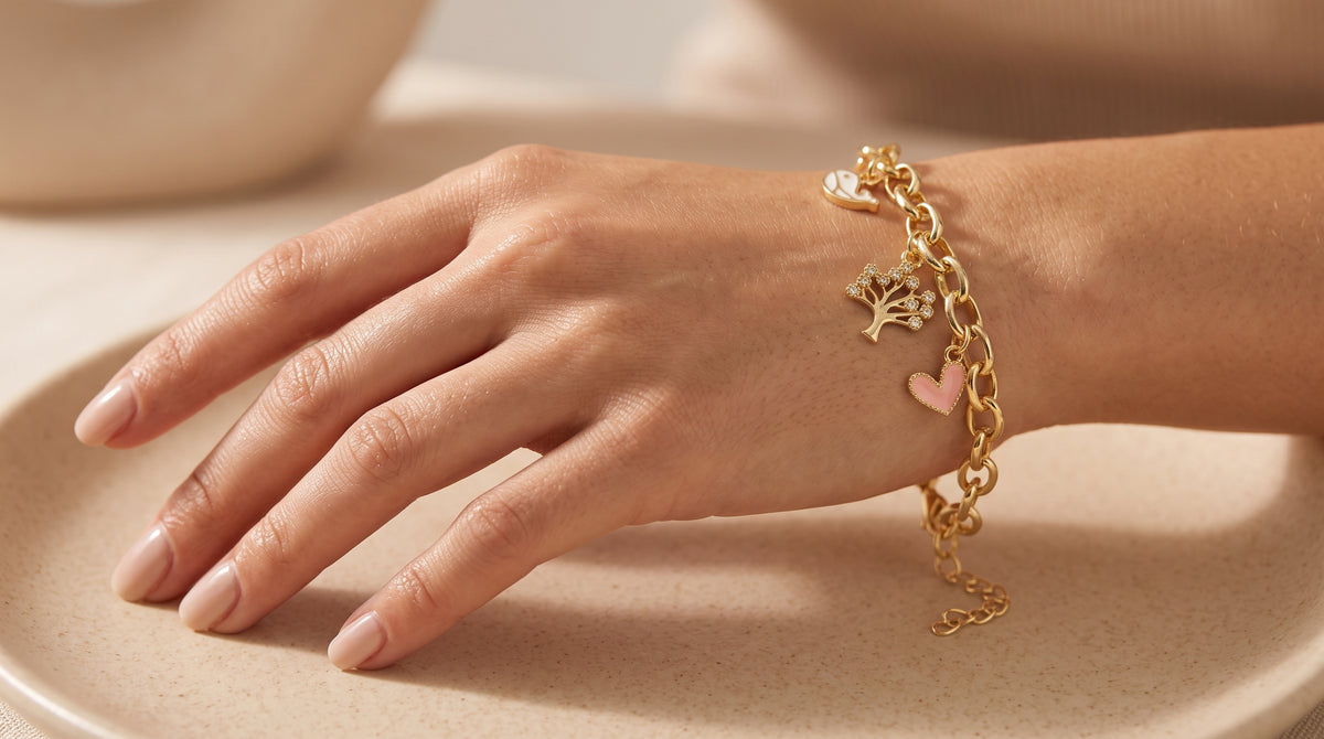 Gold-Plated Multi-Charm Paperclip Link Chain Bracelet