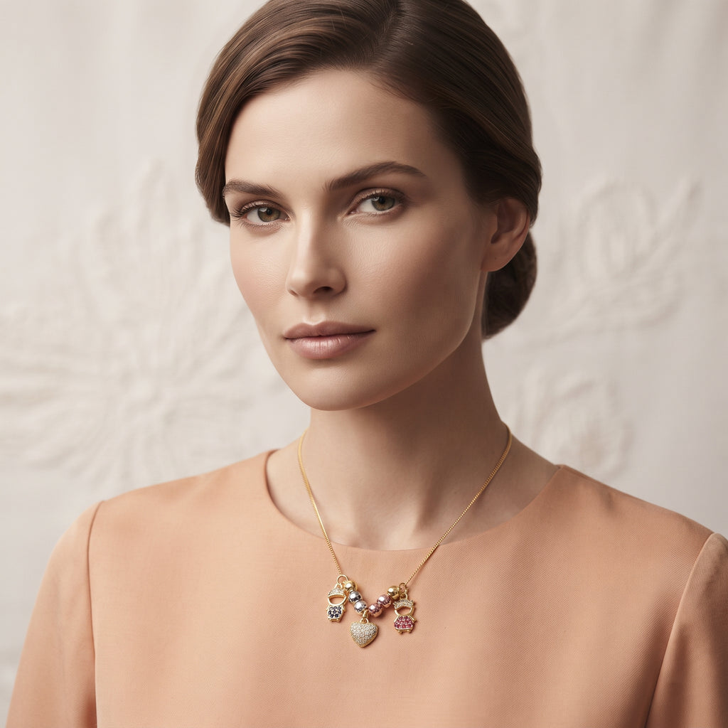 Boy, Girl & Paved Heart Multi-Charm Pendant Necklace – 18K Gold Plated Beaded Chain