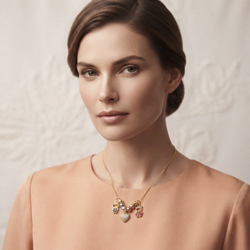 Boy, Girl & Paved Heart Multi-Charm Pendant Necklace – 18K Gold Plated Beaded Chain