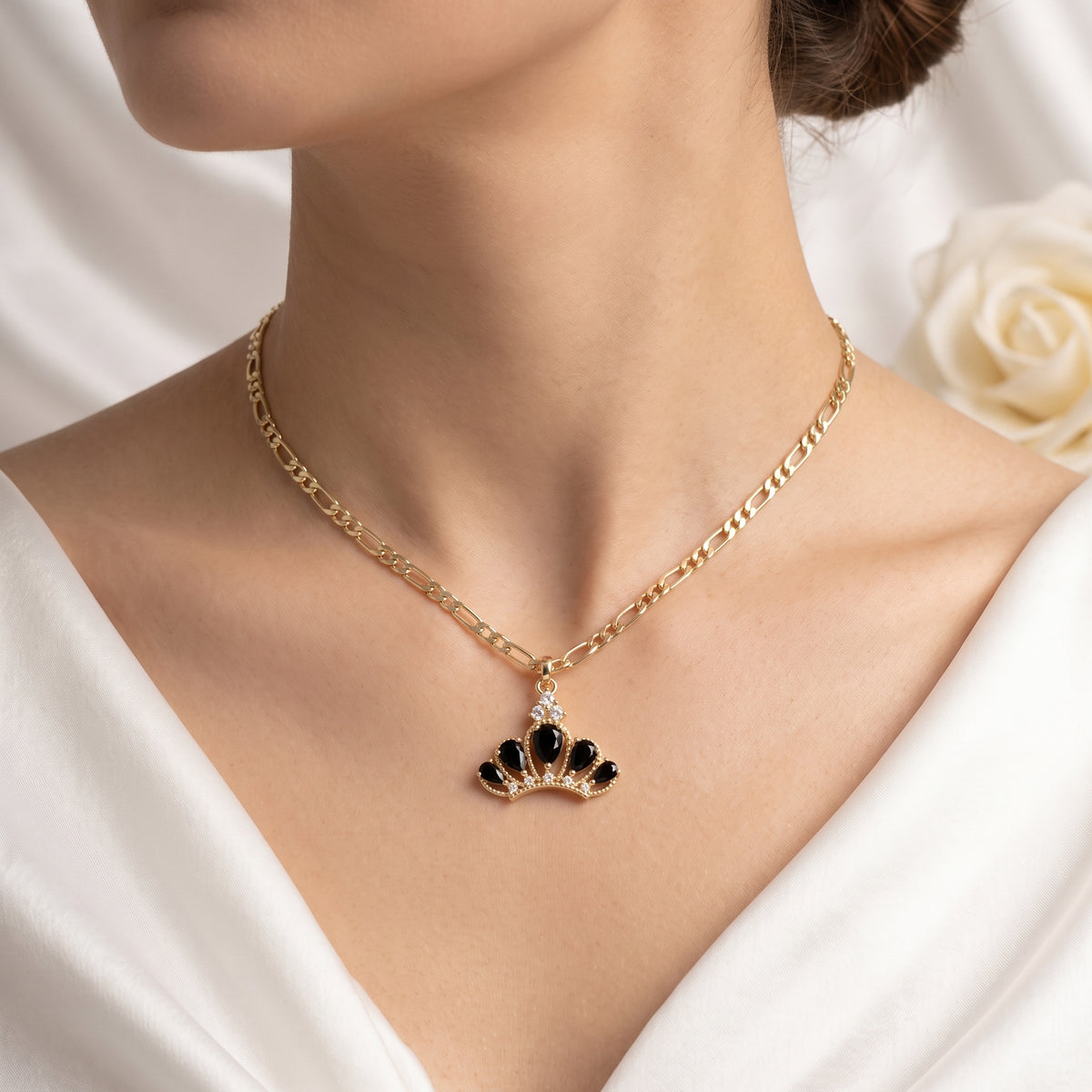 Regal Black Pear-Cut Zircon Crown Pendant Necklace