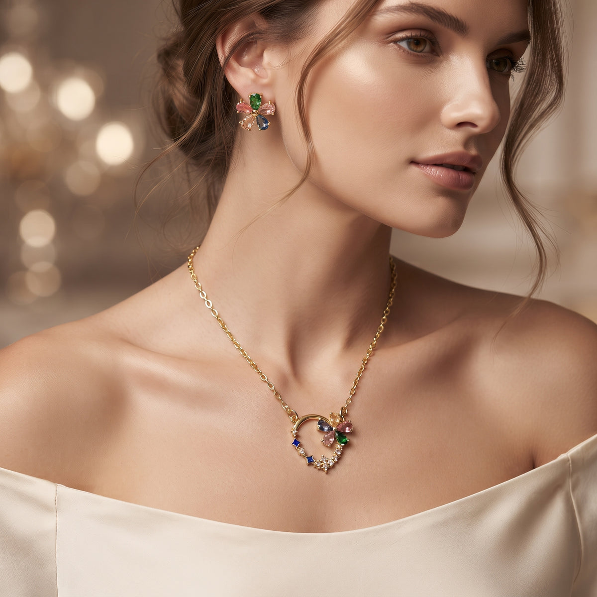 Blooming Floral Crystal Necklace & Earring Set 18K Gold Plated