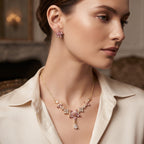 Pink Blossom Zircon Floral Pendant Necklace & Stud Earrings Set