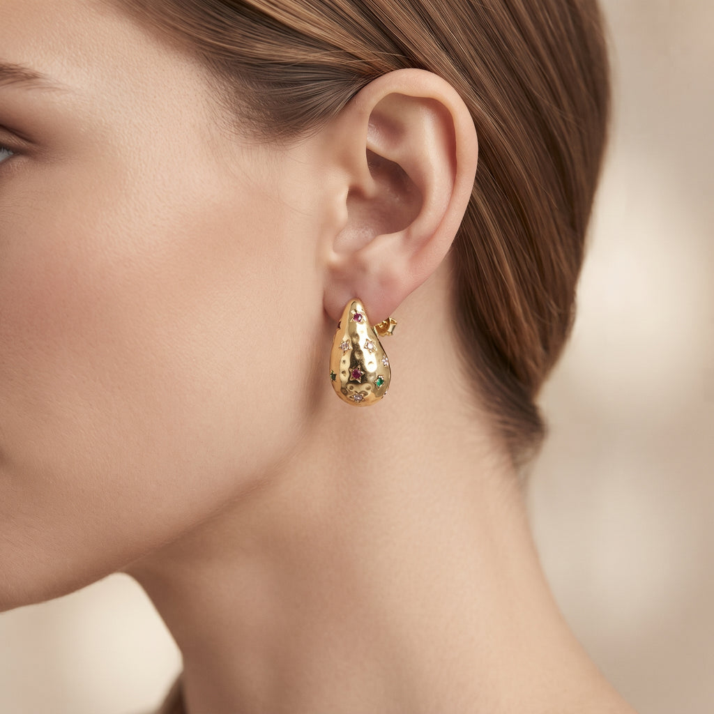Multi-Color Gemstone Inlaid Puffed Teardrop Earrings – 18K Gold Plated Artistic Jewellery