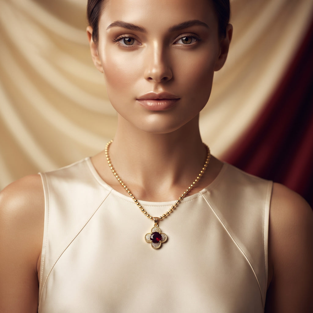 Ruby Red Crystal Four-Leaf Clover Ball Chain Necklace – 18K Gold Plated Gemstone