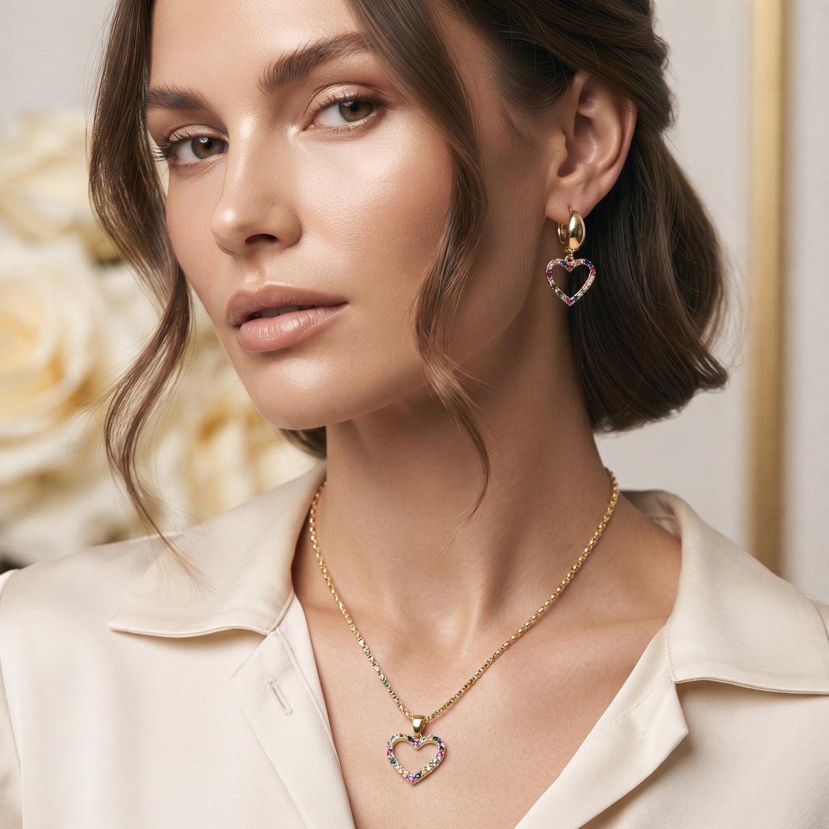 Gold-Plated Multi-Color Zircon Heart Huggie Earrings and Pendant Necklace Set