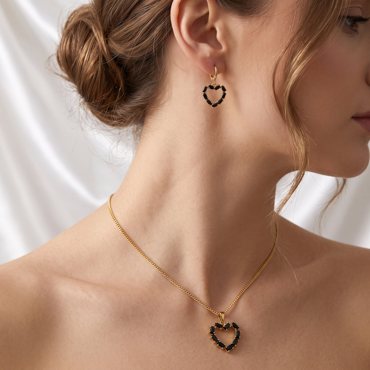 Edgy Black Baguette Zircon Heart Pendant Necklace & Matching Drop Earrings Set