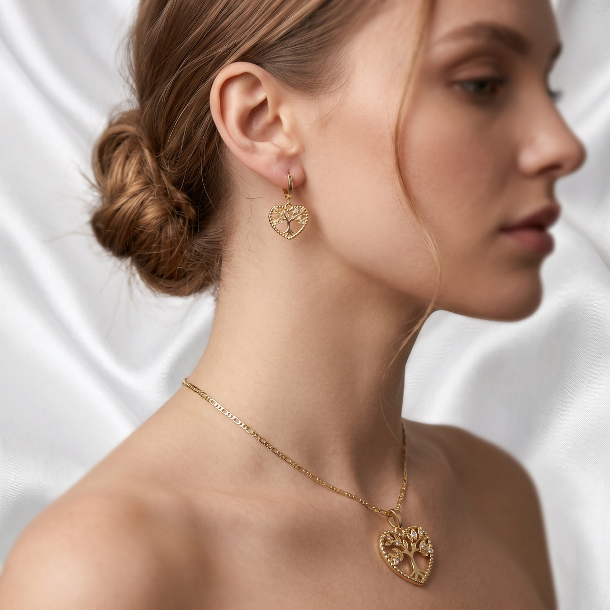 Heart-Shaped Tree of Life Pendant Necklace & Matching Earrings Set