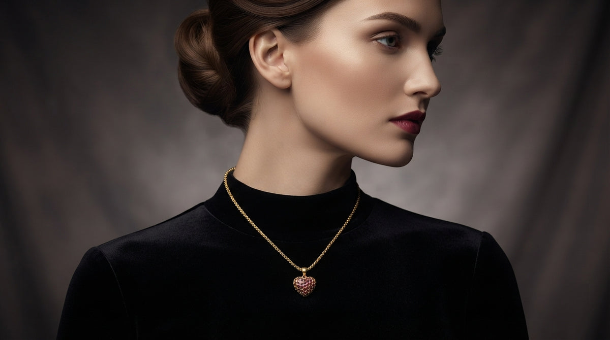 Ruby Red Puffed Heart Pendant Necklace – 18K Gold Plated Gemstone