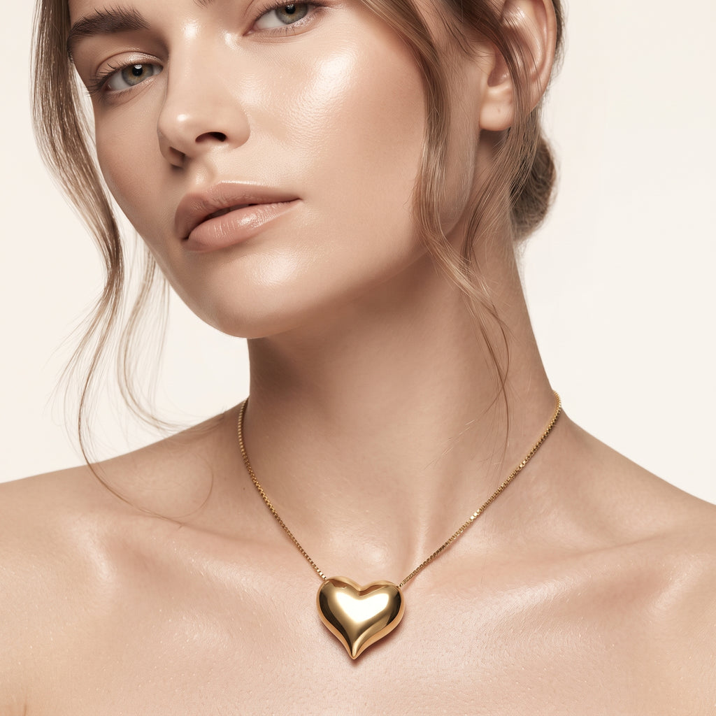 Puffed Heart Solitaire Pendant Necklace – 18K Gold Plated Minimalist Chic Jewellery