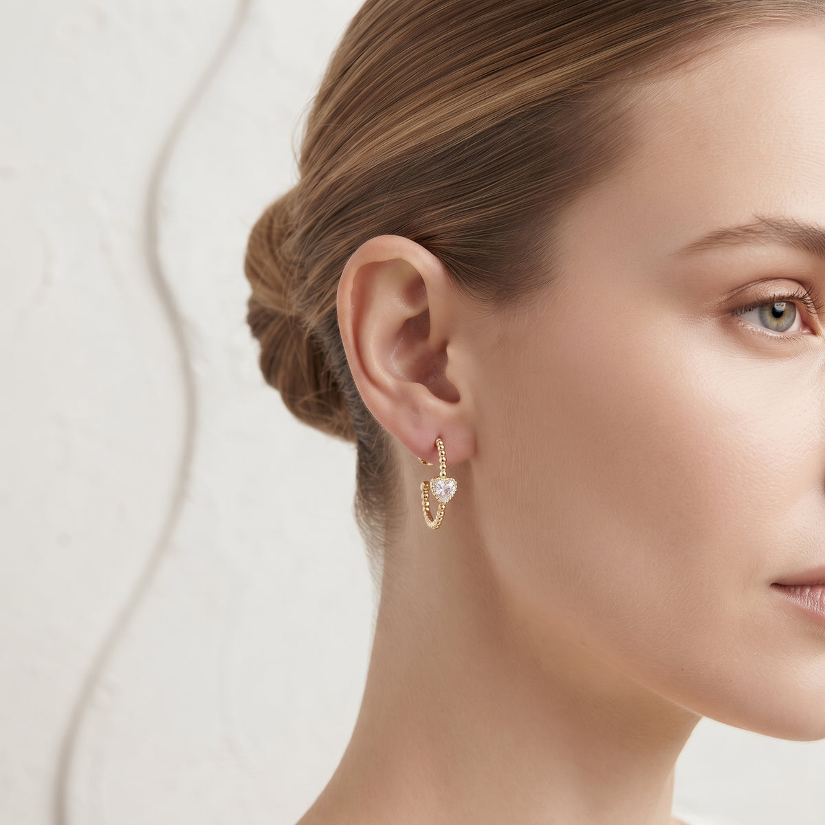 Beaded Heart Huggie Hoop Earrings – 18K Gold Plated Zircon Statement Jewellery