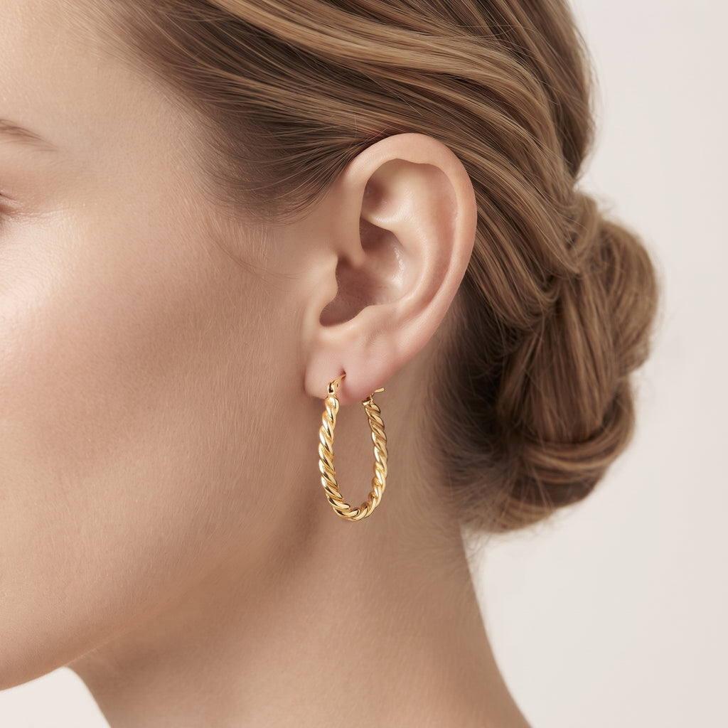 Elegant Twisted Oval Hoop Earrings – 18K Gold Plated Textured Teardrop Jewellery