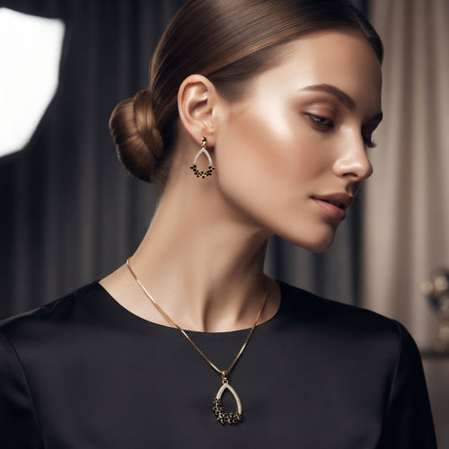 Black & Clear Zircon Teardrop Pendant Necklace & Stud Earrings Set