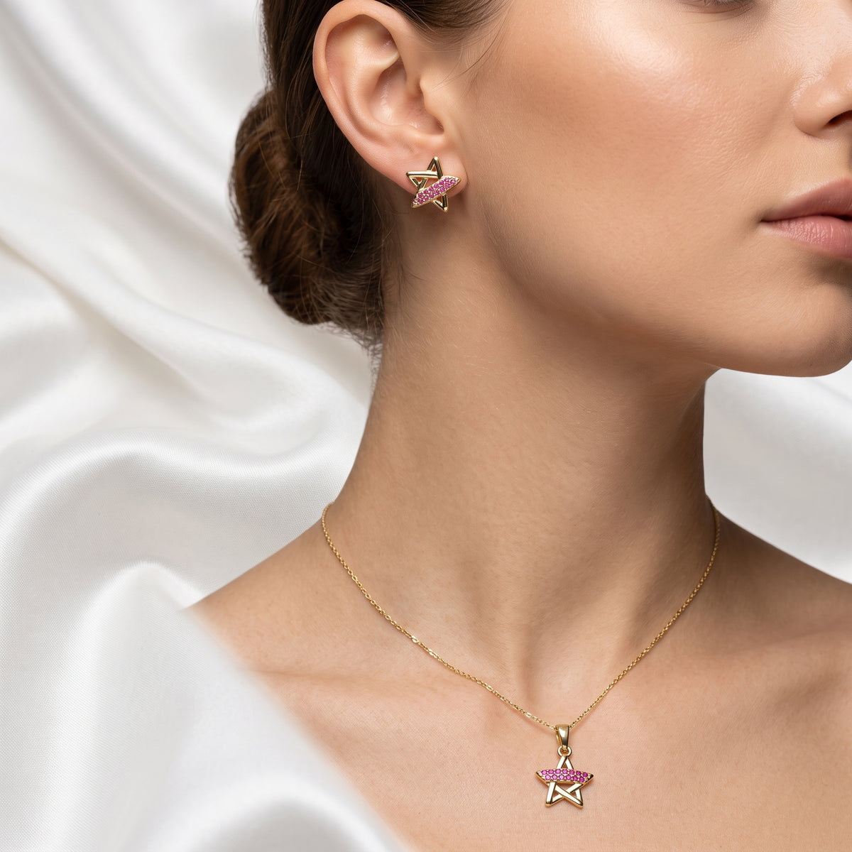 Ruby Pink Zircon Star Pendant Necklace & Stud Earrings Set