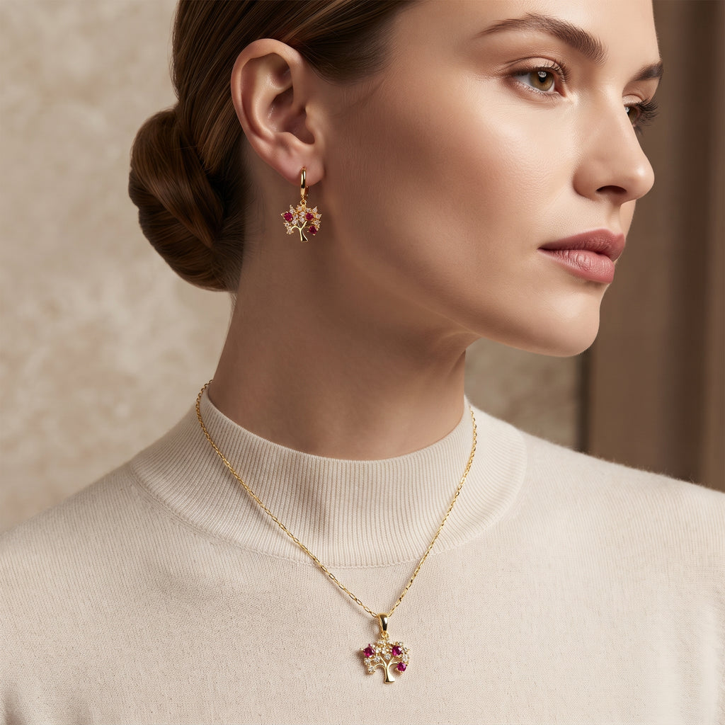 Ruby Red & Clear Zircon Tree of Life Pendant Necklace & Matching Earrings Set