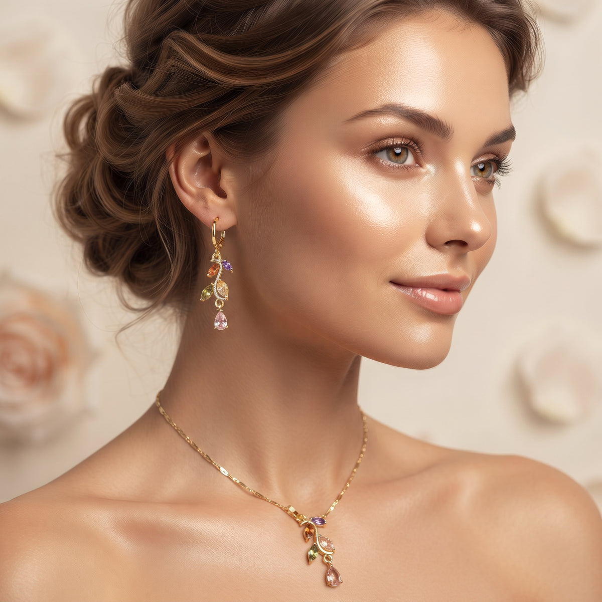 Colorful Multi-Stone Floral Vine Pendant Necklace & Matching Earrings Set