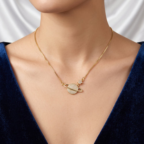 Celestial Saturn Planet & Star Zircon Necklace – 18K Gold Plated