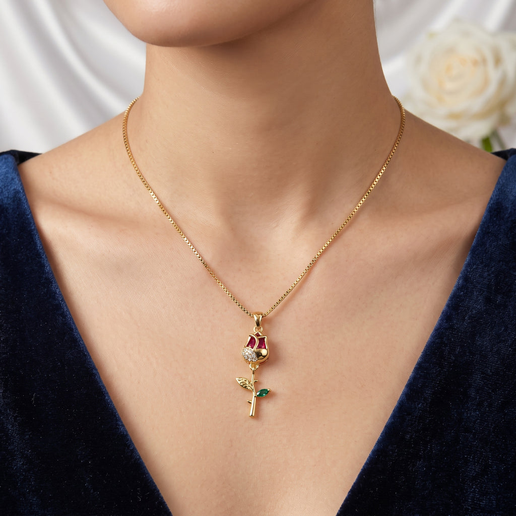 Elegant Red Rose Flower Pendant Necklace – 18K Gold Plated Romantic Stem