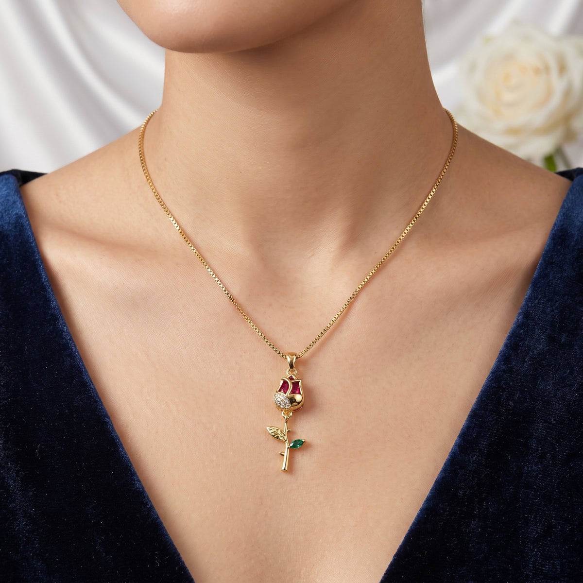 Elegant Red Rose Flower Pendant Necklace – 18K Gold Plated Romantic Stem