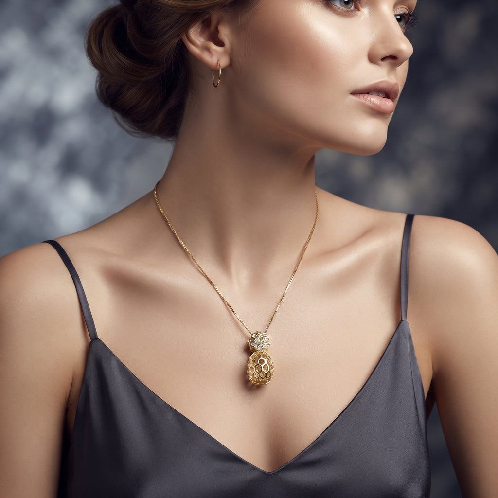 Crystal Paved Pineapple Pendant Necklace – 18K Gold Plated Tropical Jewellery