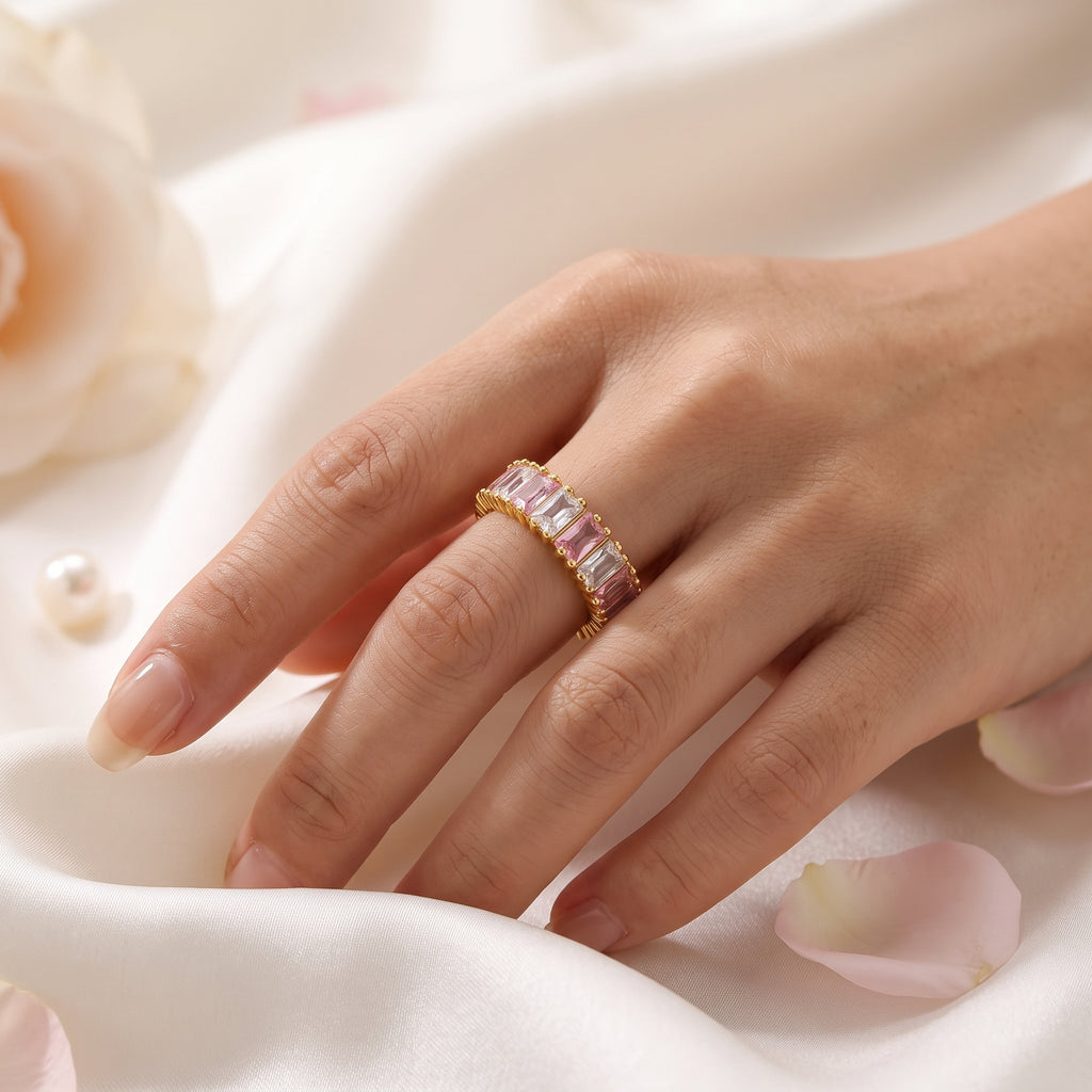 Multi-Color Baguette Crystal Zircon Band Ring – 18K Gold Plated Statement Ring