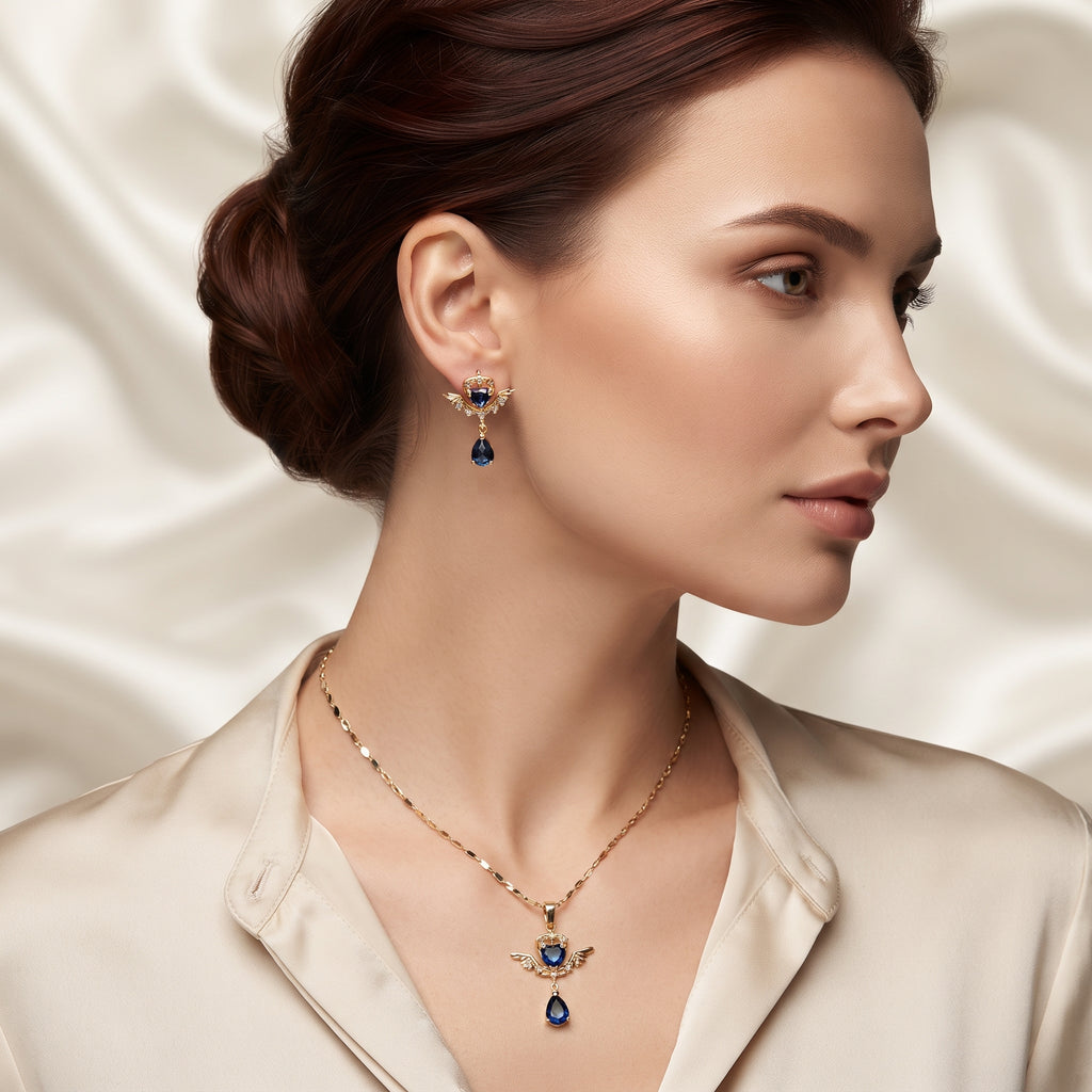 Gold-Plated Blue Zircon Heart Wings Pendant Necklace and Earring Set