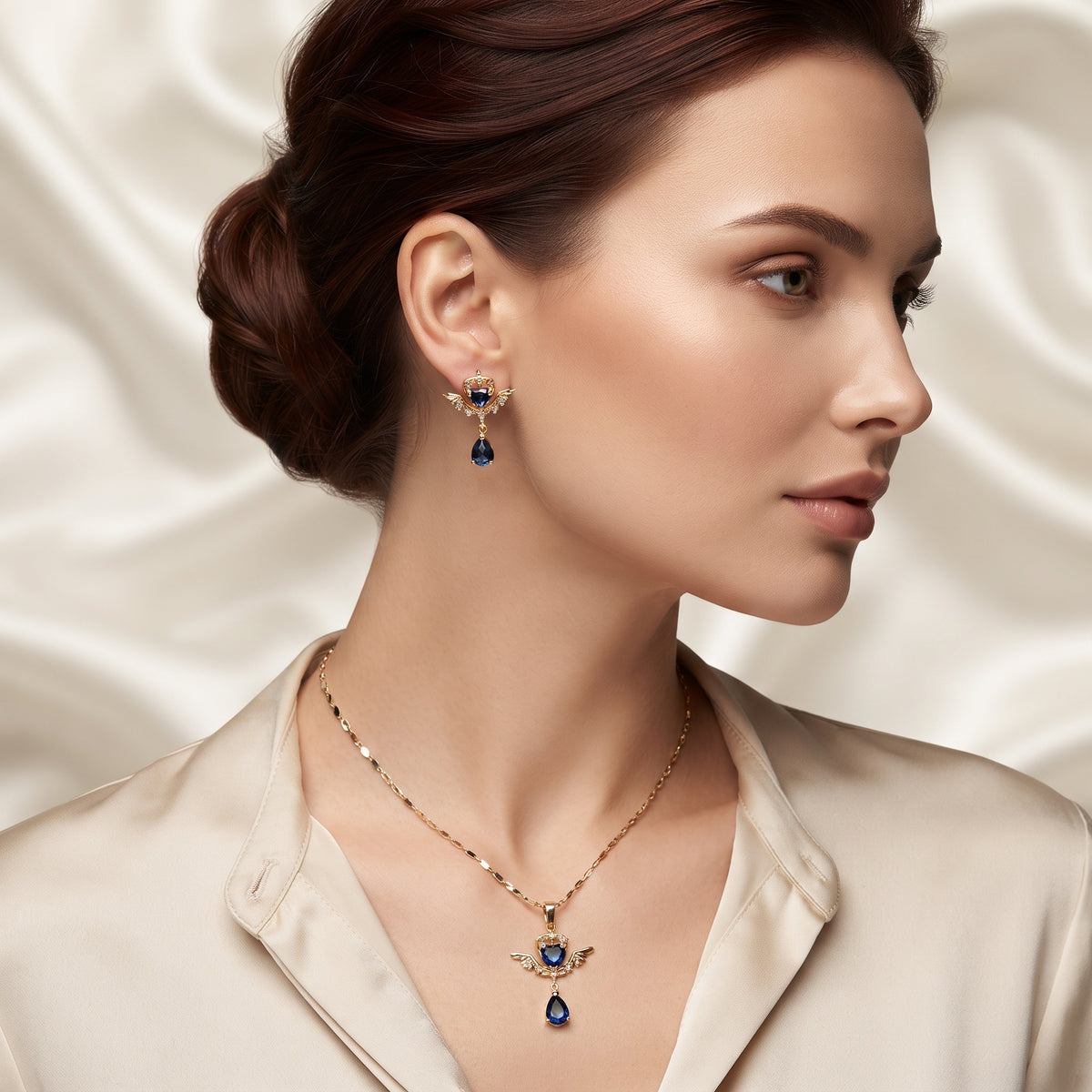 Gold-Plated Blue Zircon Heart Wings Pendant Necklace and Earring Set