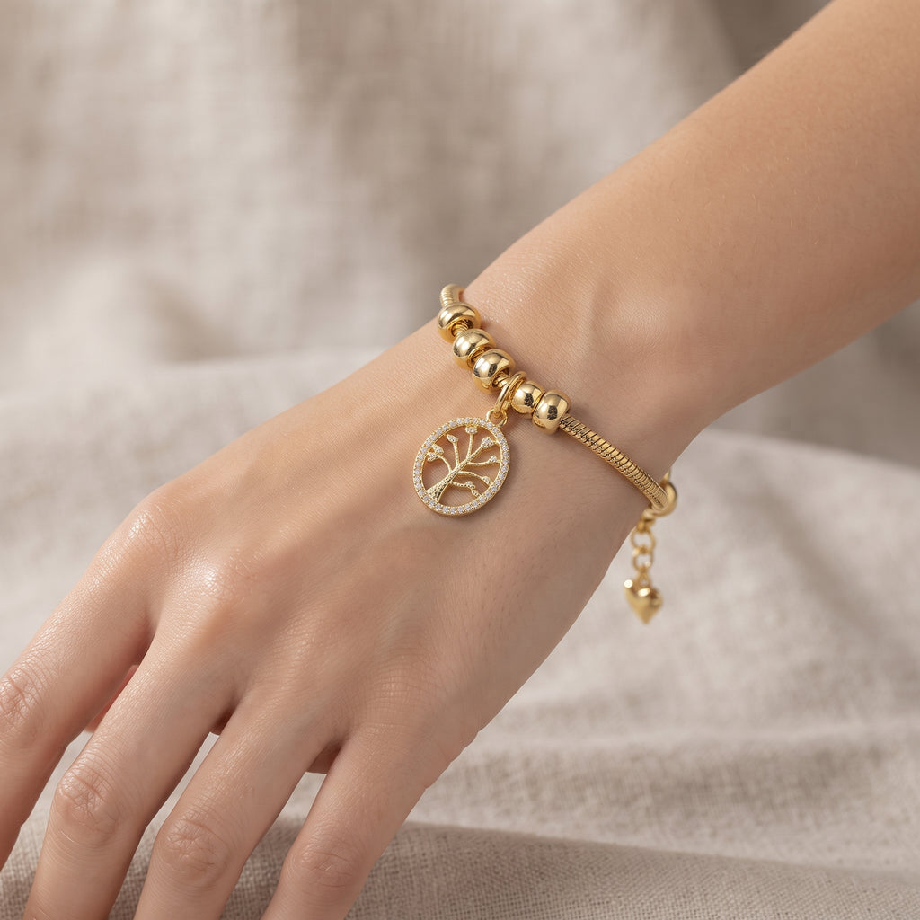 Tree of Life Charm Snake Chain Bracelet – 18K Gold Plated Meaningful Jewellery for Women