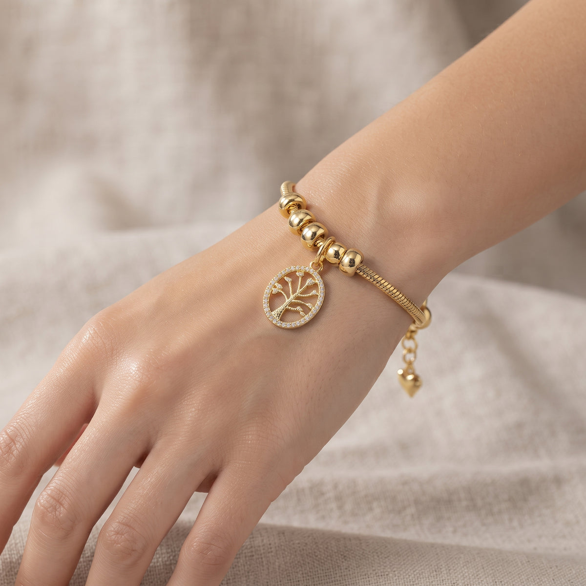 Tree of Life Charm Snake Chain Bracelet – 18K Gold Plated Meaningful Jewellery for Women