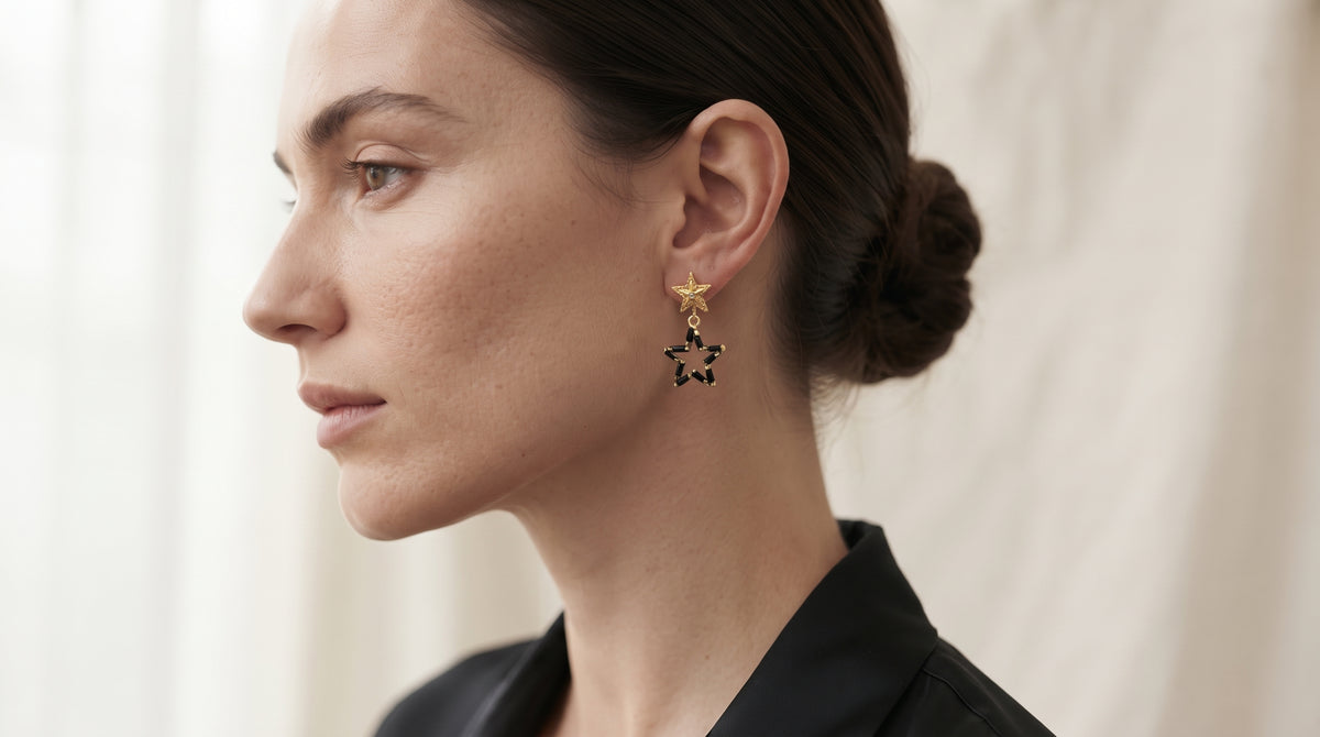 Edgy Black Baguette Zircon Star Drop Earrings