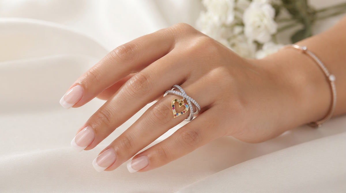 Silver-Plated Multi-Color Crystal Heart Pendant Ring – Adjustable Charm Band