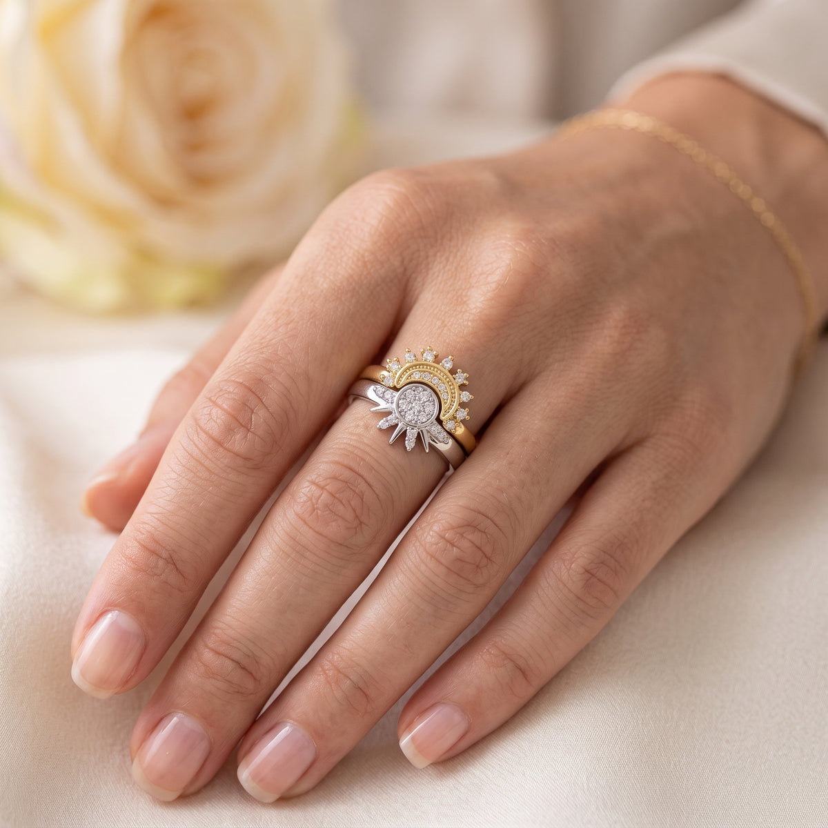 Two-Tone Celestial Sun and Moon Ring – Adjustable Stacking Band