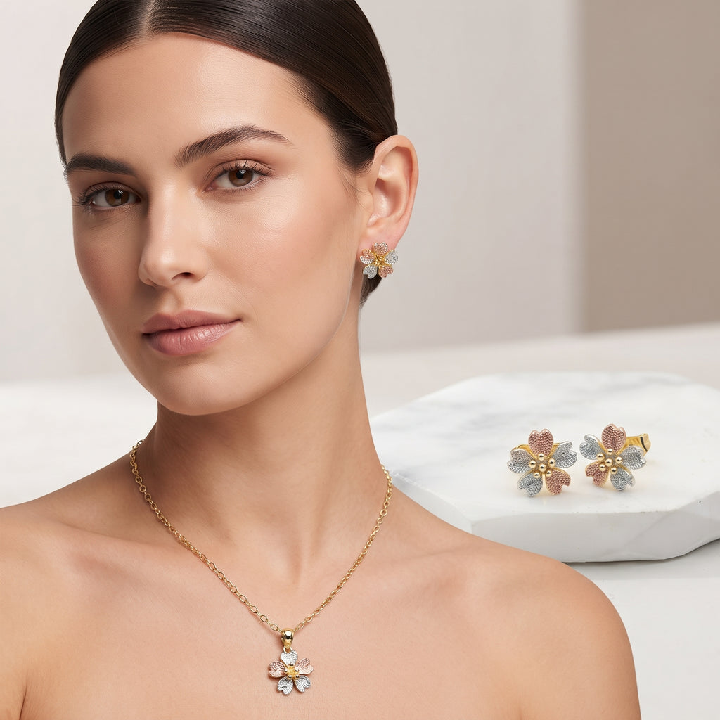 Tri-Color Zircon Flower Cluster Pendant Necklace and Earring Set