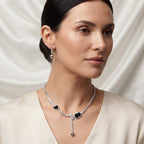 Silver-Plated Black Zircon Lariat Necklace and Ball Earring Set