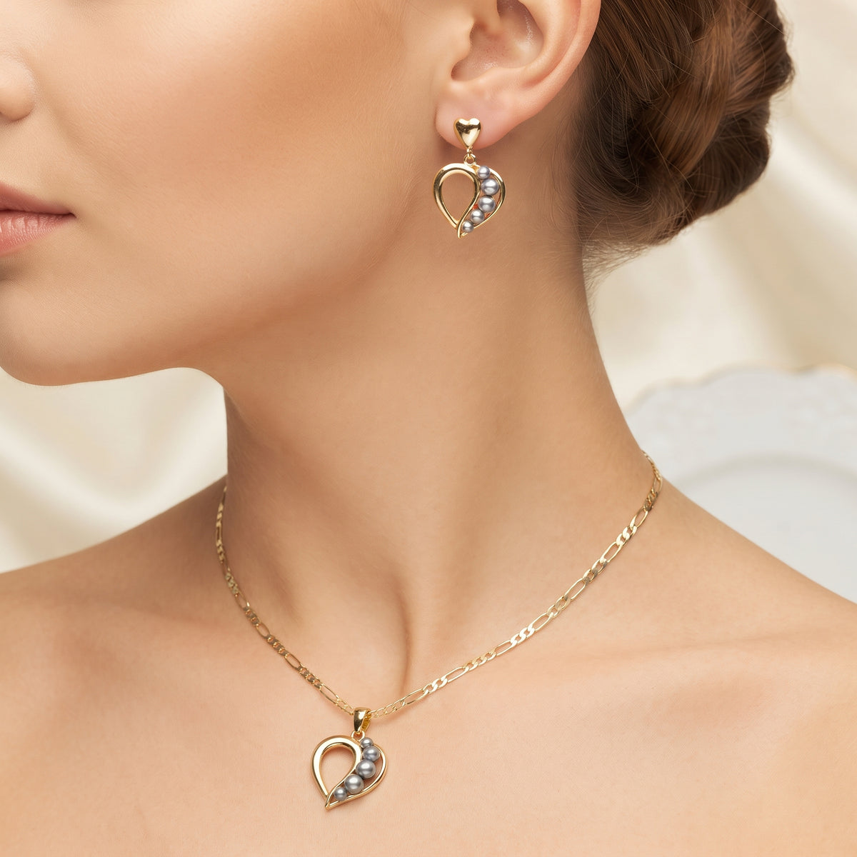 Grey Pearl Heart Pendant Necklace & Earring Set – 18K Gold Plated Elegant Jewellery