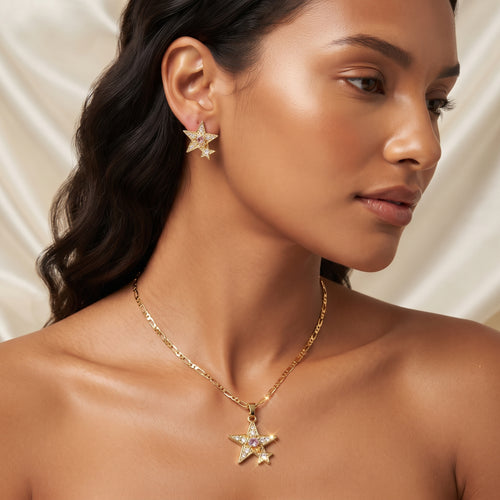 Celestial Star Crystal Necklace & Earring Set – 18K Gold Plated Matching Jewellery Set