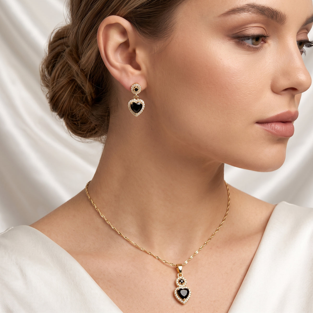 Gold-Plated Black Zircon Heart Pendant Necklace and Earring Set