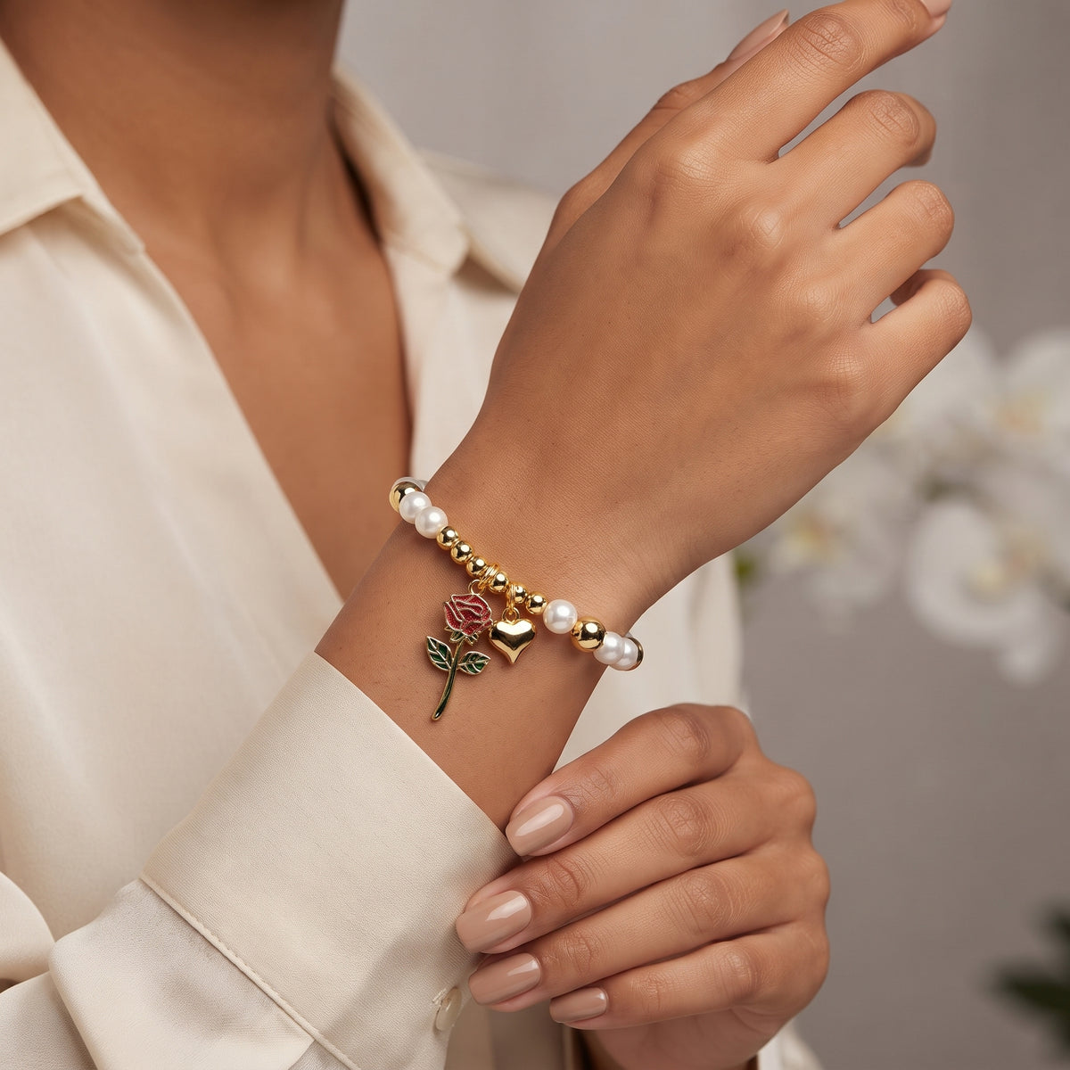 Gold-Plated White Pearl and Gold Bead Rose and Heart Charm Bracelet