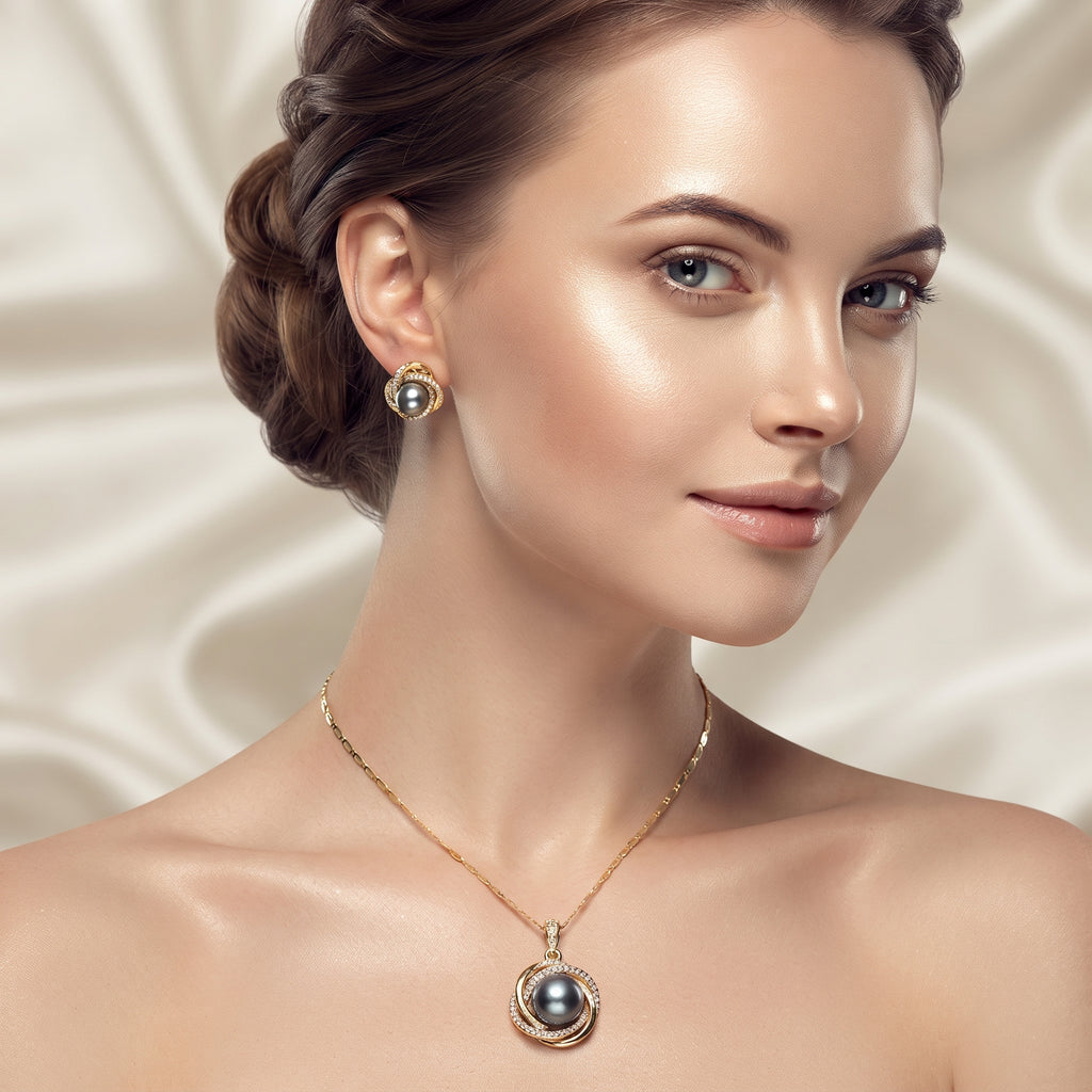 Sophisticated Grey Pearl & Interlocking Zircon Halo Pendant Necklace & Stud Earrings Set