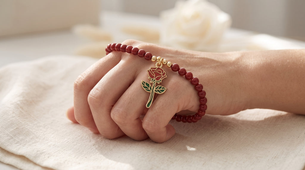 Gold-Plated Deep Red Pearl and Gold Bead Rose Charm Bracelet